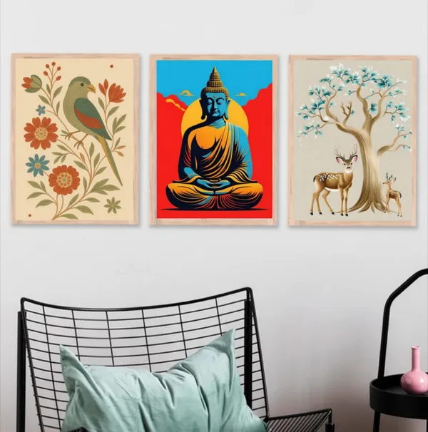 Wooden_Modern_Buddha_Pop_Art_Blue_Yellow_Framed_Wall_Art_Set_Of_3