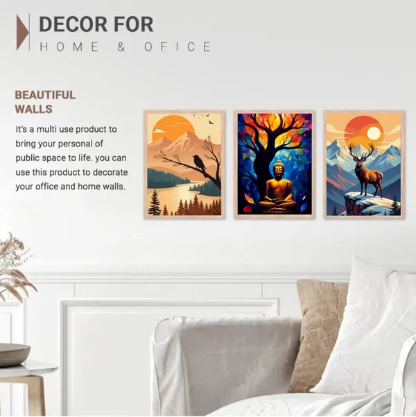 Wooden_Nature_Wildlife_Buddha_Framed_Wall_Art_Set_Of_3