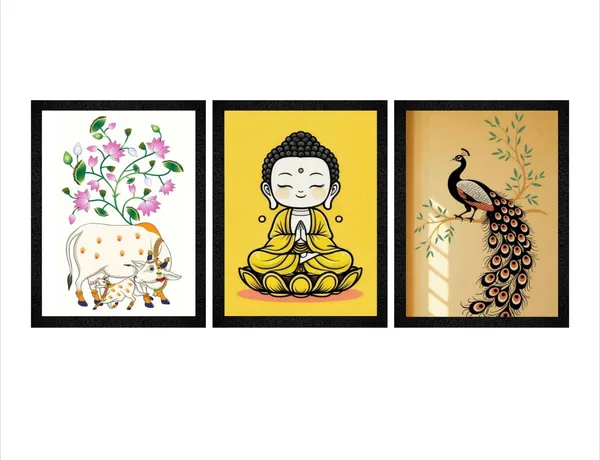 Wooden_Decorative_Buddha_Cow_Peacock_Framed_Wall_Art_Set_Of_3