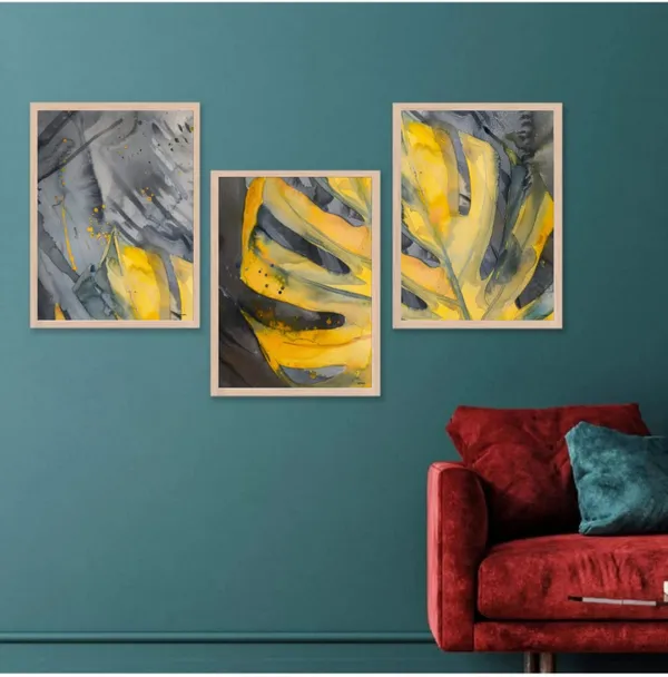 Wooden_Modern_Abstract_Flowing_Yellow_Grey_Framed_Wall_Art_Set_Of_3