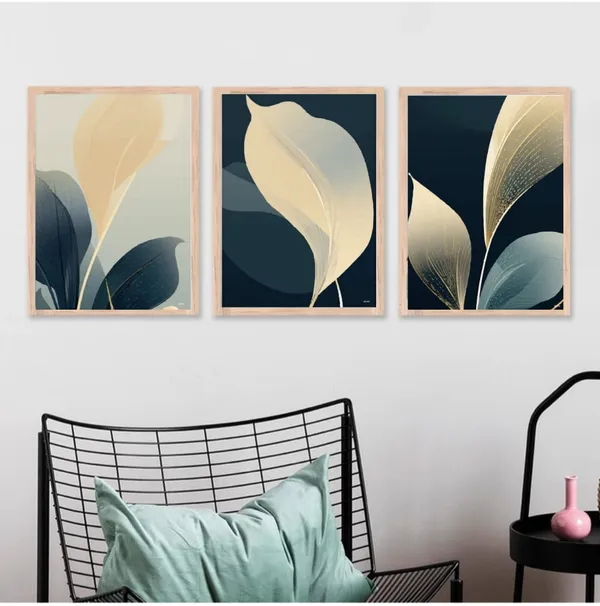 Wooden_Botanical_Leaf_Print_Cream_Teal_Framed_Wall_Art_Set_Of_3