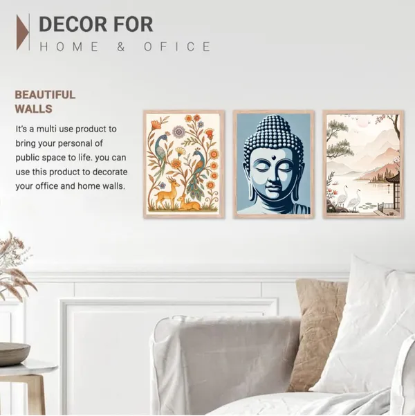 Wooden_Mixed_Floral_Buddha_Landscape_Framed_Wall_Art_Set_Of_3