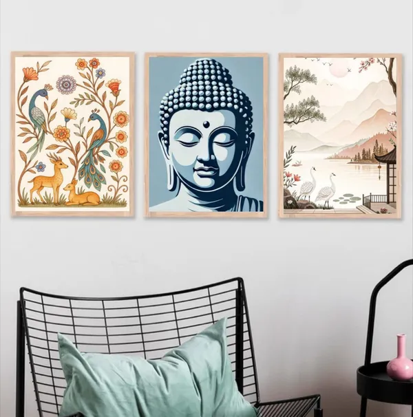 Wooden_Mixed_Floral_Buddha_Landscape_Framed_Wall_Art_Set_Of_3