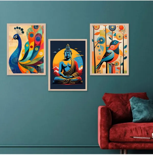 Wooden_Contemporary_Abstract_Buddha_Bird_Framed_Wall_Art_Set_Of_3