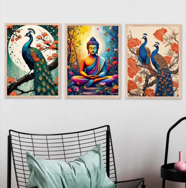 Wooden_Traditional_Peacock_Floral_Framed_Wall_Art_Set_Of_3