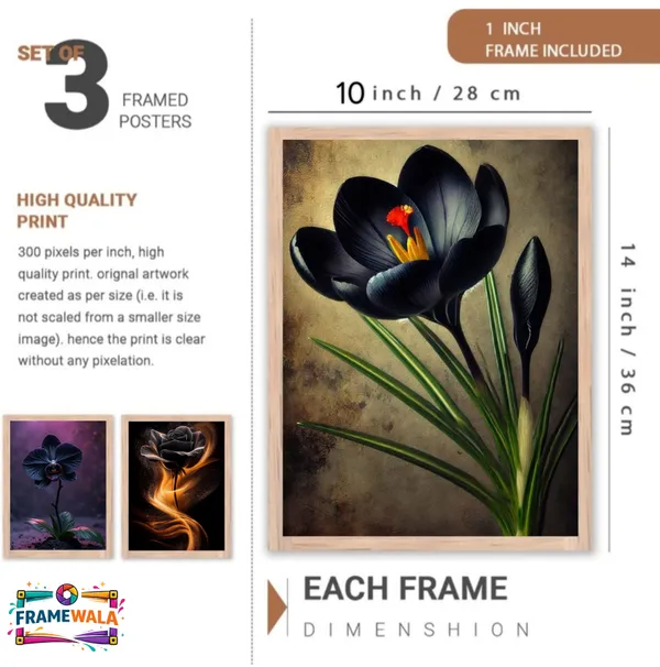 Wooden_Contemporary_Dark_Floral_Golden_Glow_Framed_Wall_Art_Set_Of_3