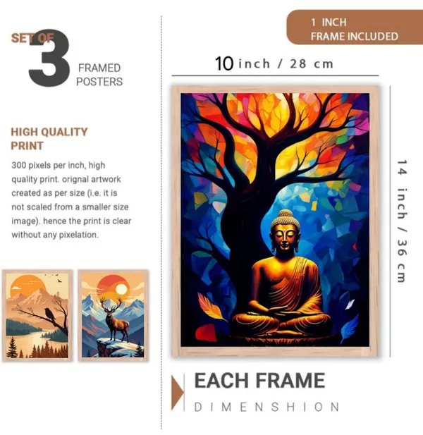 Wooden_Nature_Wildlife_Buddha_Framed_Wall_Art_Set_Of_3