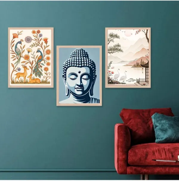 Wooden_Mixed_Floral_Buddha_Landscape_Framed_Wall_Art_Set_Of_3