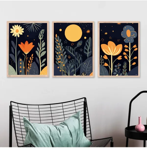 Wooden_Contemporary_Floral_Night_Garden_Framed_Wall_Art_Set_Of_3