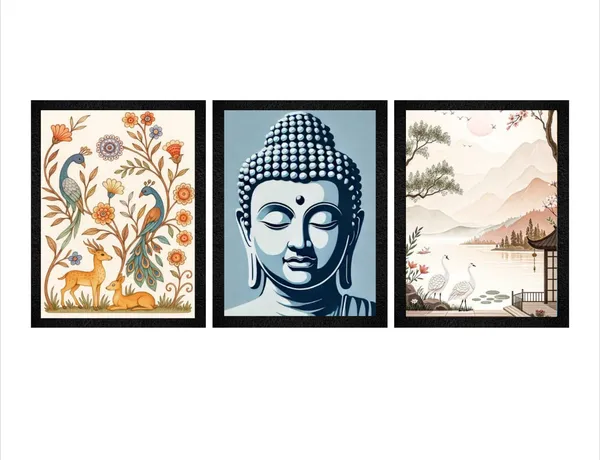 Wooden_Mixed_Floral_Buddha_Landscape_Framed_Wall_Art_Set_Of_3