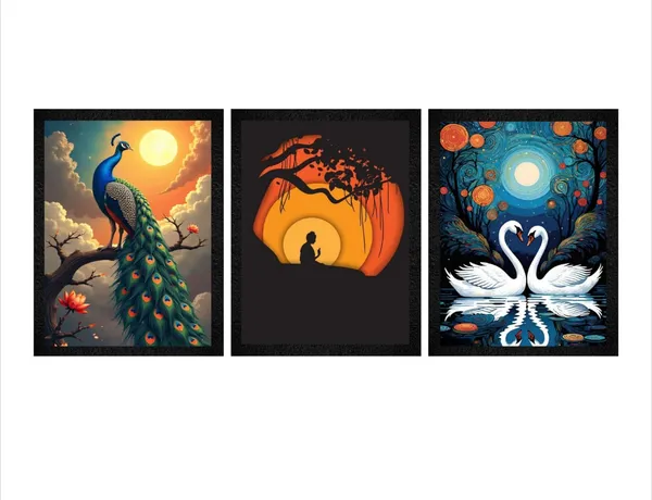 Wooden_Nature_Swan_Peacock_Sunset_Framed_Wall_Art_Set_Of_3