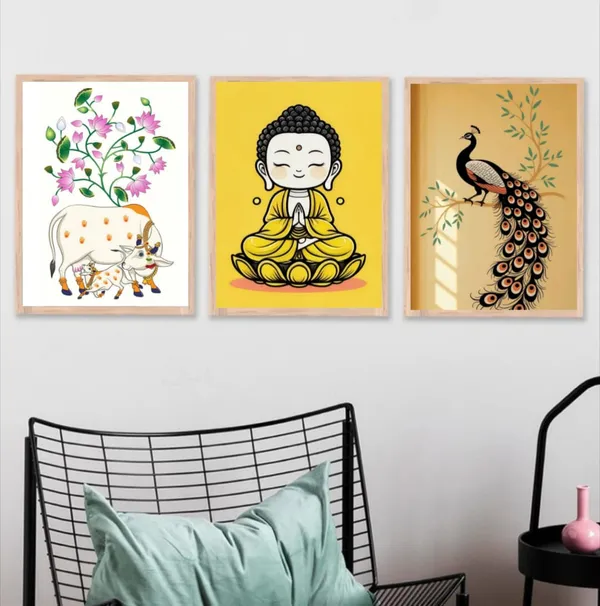 Wooden_Decorative_Buddha_Cow_Peacock_Framed_Wall_Art_Set_Of_3