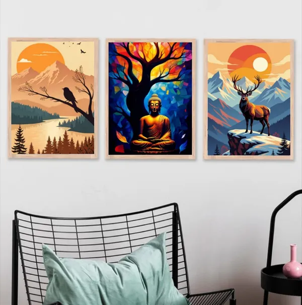 Wooden_Nature_Wildlife_Buddha_Framed_Wall_Art_Set_Of_3