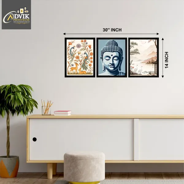 Wooden_Mixed_Floral_Buddha_Landscape_Framed_Wall_Art_Set_Of_3