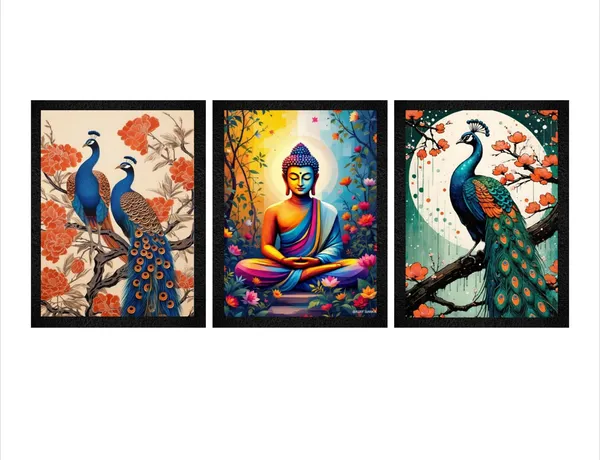 Wooden_Traditional_Peacock_Floral_Framed_Wall_Art_Set_Of_3