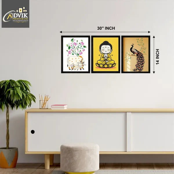 Wooden_Decorative_Buddha_Cow_Peacock_Framed_Wall_Art_Set_Of_3