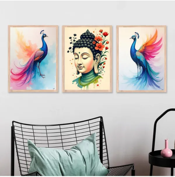 Wooden_Decorative_Peacock_Buddha_Framed_Wall_Art_Set_Of_3