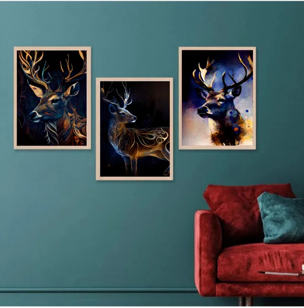 Wooden_Abstract_Deer_Portrait_Framed_Wall_Art_Set_Of_3