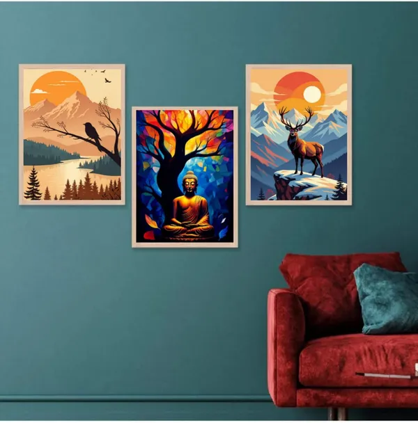 Wooden_Nature_Wildlife_Buddha_Framed_Wall_Art_Set_Of_3