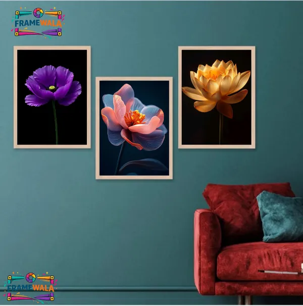 Wooden_Decorative_Vibrant_Floral_Artificial_Flower_Framed_Wall_Art_Set_Of_3