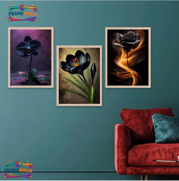 Wooden_Contemporary_Dark_Floral_Golden_Glow_Framed_Wall_Art_Set_Of_3