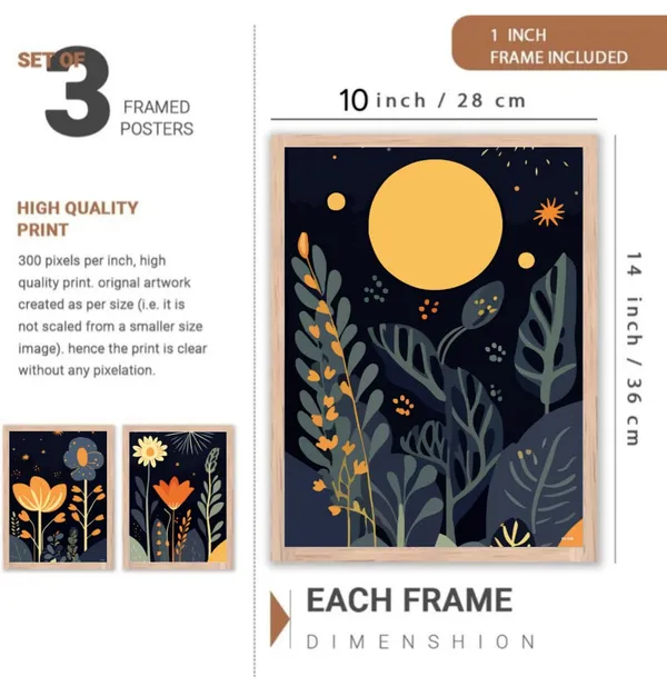 Wooden_Contemporary_Floral_Night_Garden_Framed_Wall_Art_Set_Of_3