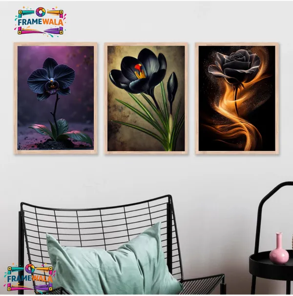 Wooden_Contemporary_Dark_Floral_Golden_Glow_Framed_Wall_Art_Set_Of_3