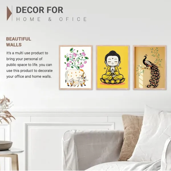 Wooden_Decorative_Buddha_Cow_Peacock_Framed_Wall_Art_Set_Of_3