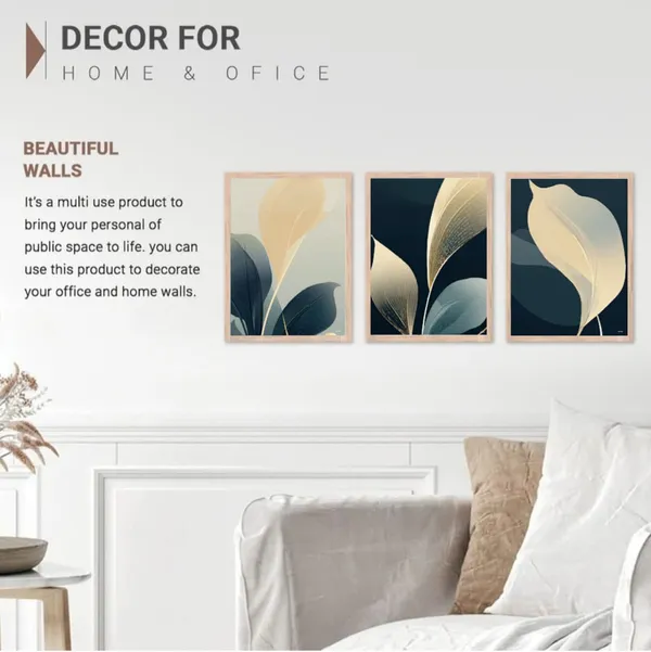 Wooden_Botanical_Leaf_Print_Cream_Teal_Framed_Wall_Art_Set_Of_3