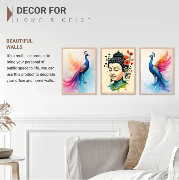 Wooden_Decorative_Peacock_Buddha_Framed_Wall_Art_Set_Of_3