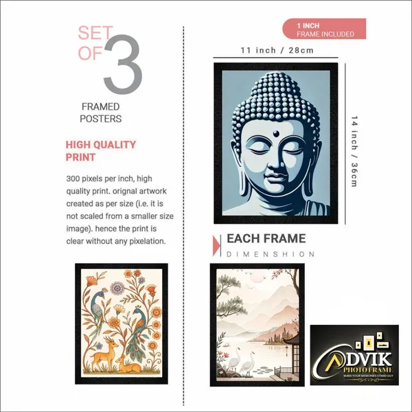 Wooden_Mixed_Floral_Buddha_Landscape_Framed_Wall_Art_Set_Of_3