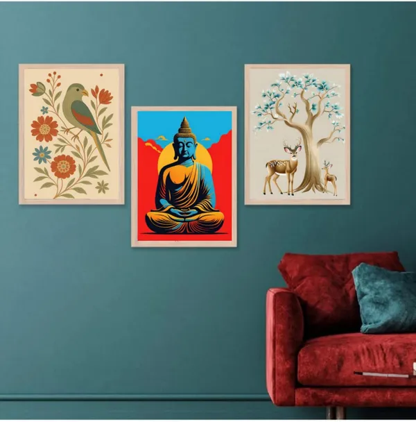 Wooden_Modern_Buddha_Pop_Art_Blue_Yellow_Framed_Wall_Art_Set_Of_3