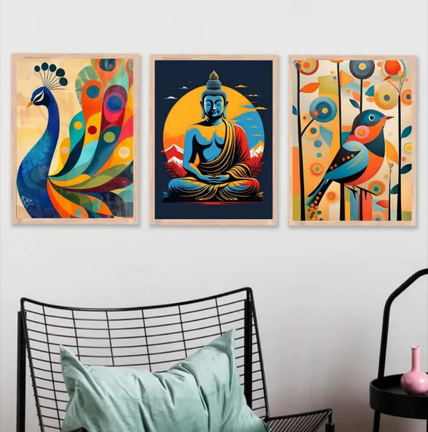 Wooden_Contemporary_Abstract_Buddha_Bird_Framed_Wall_Art_Set_Of_3
