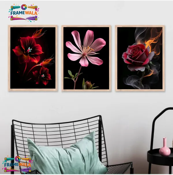 Wooden_Contemporary_Red_Floral_Macro_Framed_Wall_Art_Set_Of_3