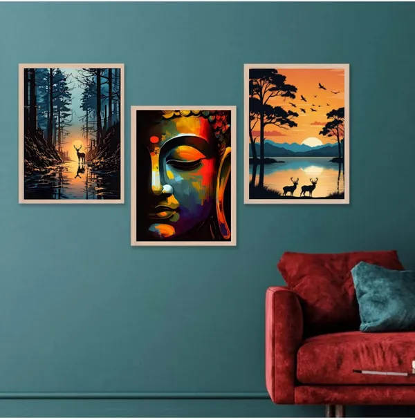 Wooden_Abstract_Buddha_Face_Vibrant_Framed_Wall_Art_Set_Of_3