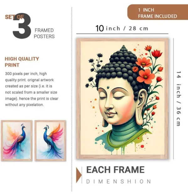 Wooden_Decorative_Peacock_Buddha_Framed_Wall_Art_Set_Of_3
