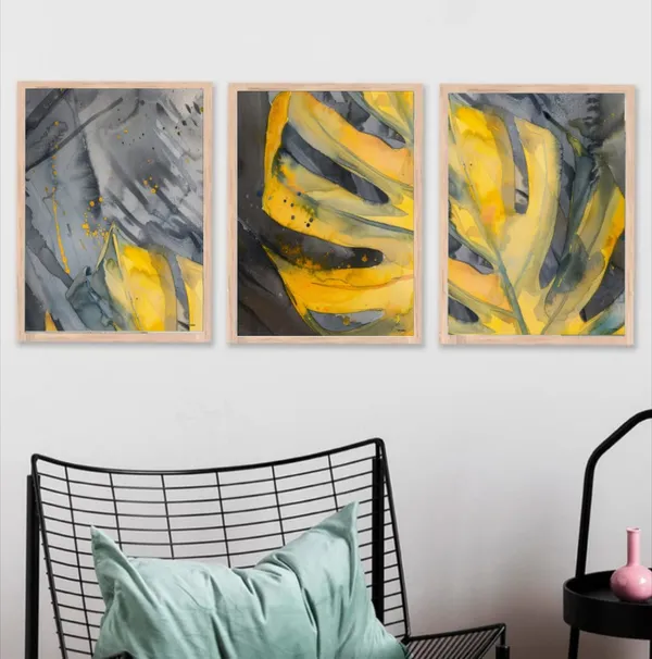 Wooden_Modern_Abstract_Flowing_Yellow_Grey_Framed_Wall_Art_Set_Of_3