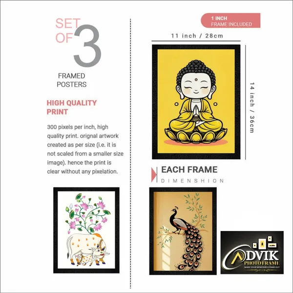 Wooden_Decorative_Buddha_Cow_Peacock_Framed_Wall_Art_Set_Of_3