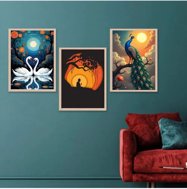 Wooden_Nature_Swan_Peacock_Sunset_Framed_Wall_Art_Set_Of_3
