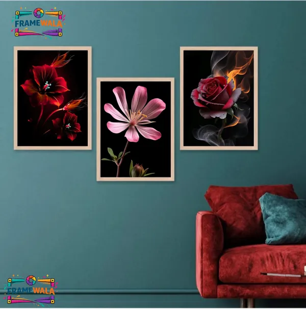 Wooden_Contemporary_Red_Floral_Macro_Framed_Wall_Art_Set_Of_3