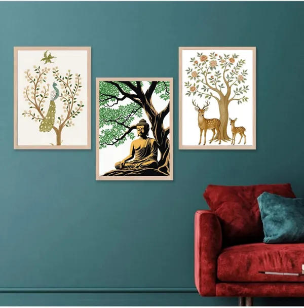 Wooden_Botanical_Peacock_Tree_Framed_Wall_Art_Set_Of_3