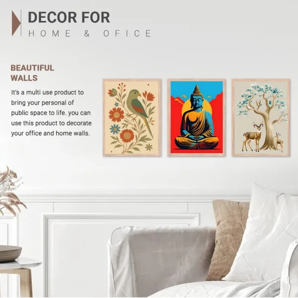 Wooden_Modern_Buddha_Pop_Art_Blue_Yellow_Framed_Wall_Art_Set_Of_3