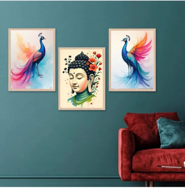 Wooden_Decorative_Peacock_Buddha_Framed_Wall_Art_Set_Of_3