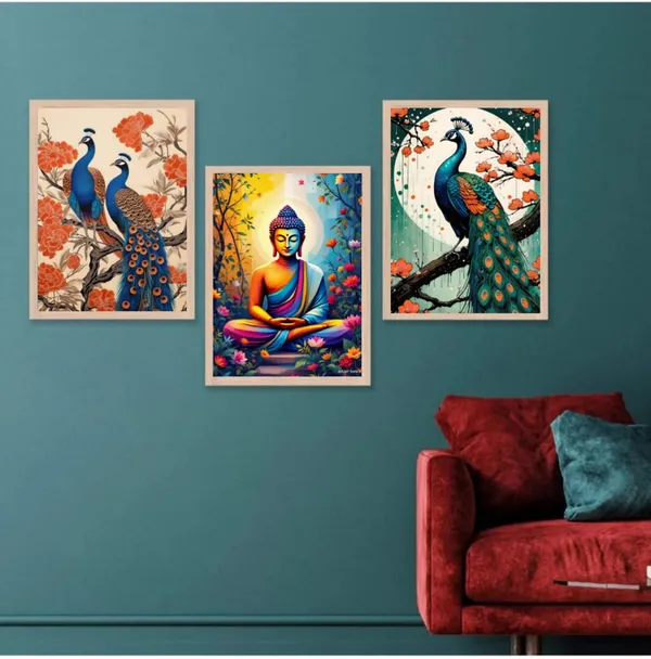 Wooden_Traditional_Peacock_Floral_Framed_Wall_Art_Set_Of_3