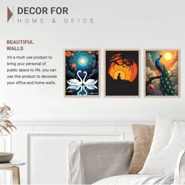 Wooden_Nature_Swan_Peacock_Sunset_Framed_Wall_Art_Set_Of_3