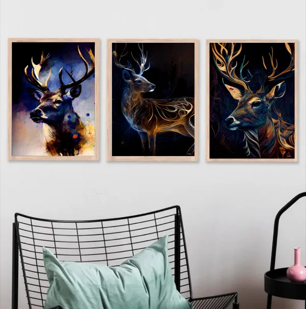 Wooden_Abstract_Deer_Portrait_Framed_Wall_Art_Set_Of_3