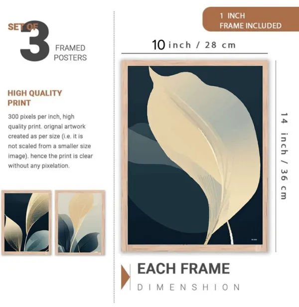 Wooden_Botanical_Leaf_Print_Cream_Teal_Framed_Wall_Art_Set_Of_3