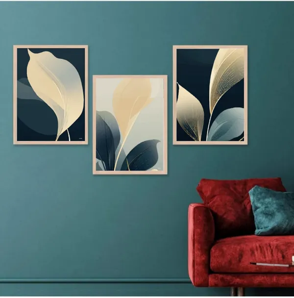 Wooden_Botanical_Leaf_Print_Cream_Teal_Framed_Wall_Art_Set_Of_3