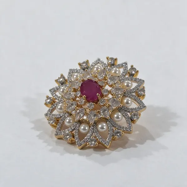 Gold_&_Pink_Metal_Alloy,_Stone_Crystal_Round_Brooch_Set_For_Women
