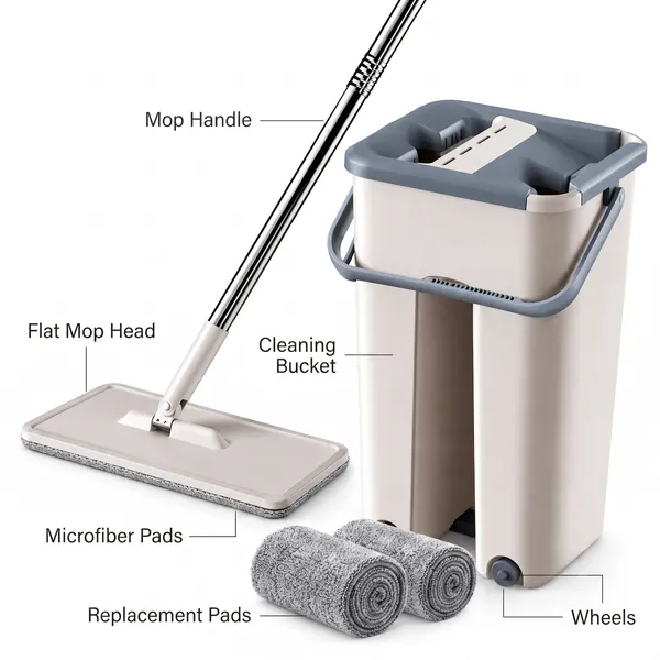 HOMISC_Flat_Mop_with_Bucket,_Microfiber_Floor_Cleaning_Mop_Set_with_Wringer,_Stainless_Steel_Handle_&_Wheels